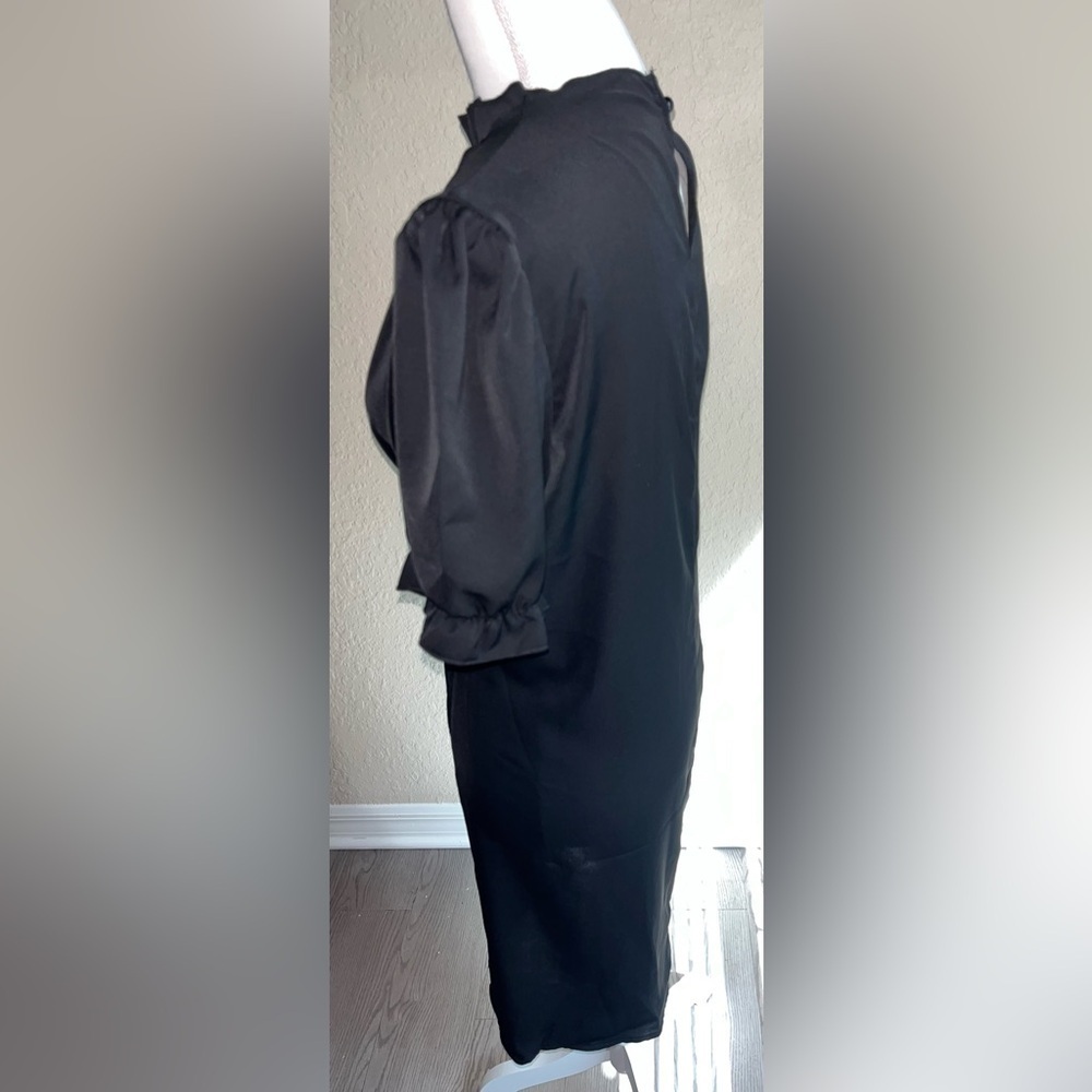 Puff Sleeved Little Black Dress With Gathered Neck - Picture 2 of 10